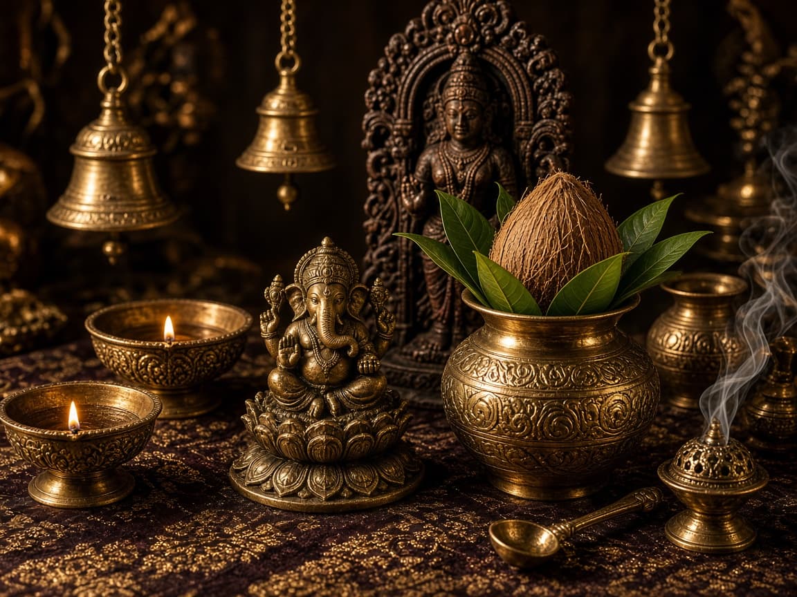 Traditional Hindu artefacts including brass diyas, temple bells, kalash, and ceremonial metalwork