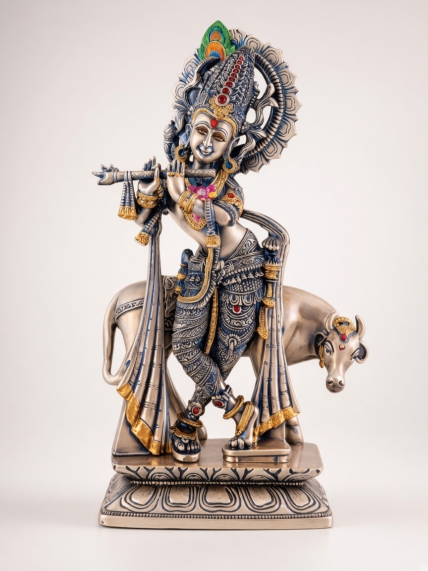 Italian silver covering idol of 12" New Cow Krishna