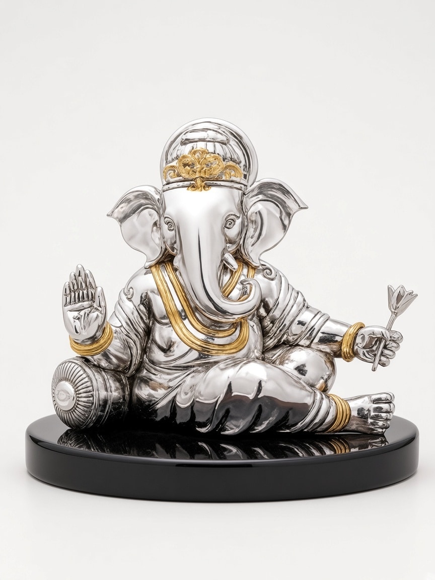 Italian silver covering idol of Equi Ganesha with Wooden Base