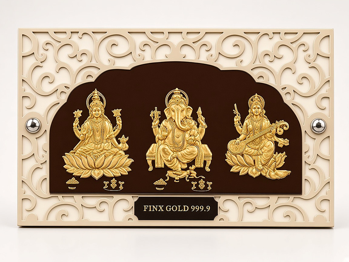 24kt gold leaf Trio Stand with Laxmi, Ganesh and Saraswati